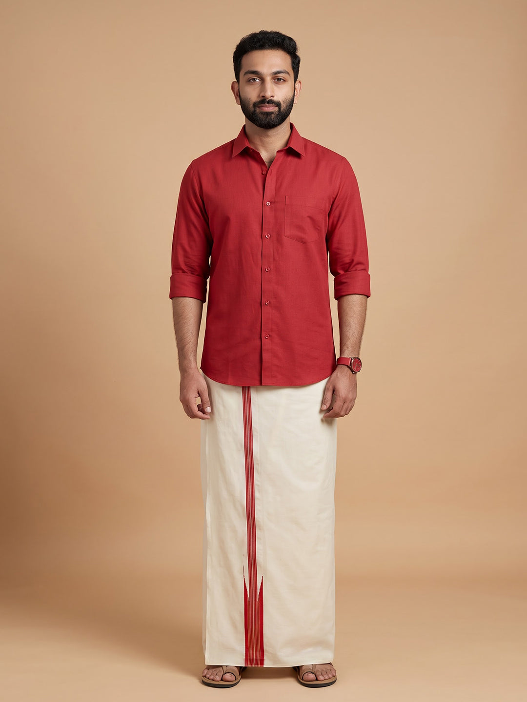 Double Layer 100% Cotton Cream Dhoti with Colour Jari Border - LC47