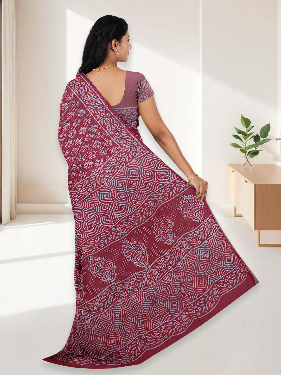 Women Cherry Red Pure Cotton Saree PCS198