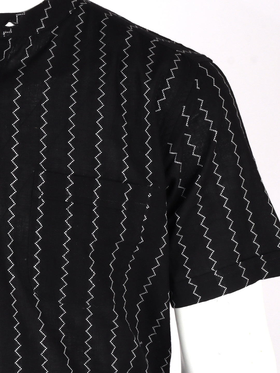 Men Cotton Short Length Striped Pocket Kurta Black PC35