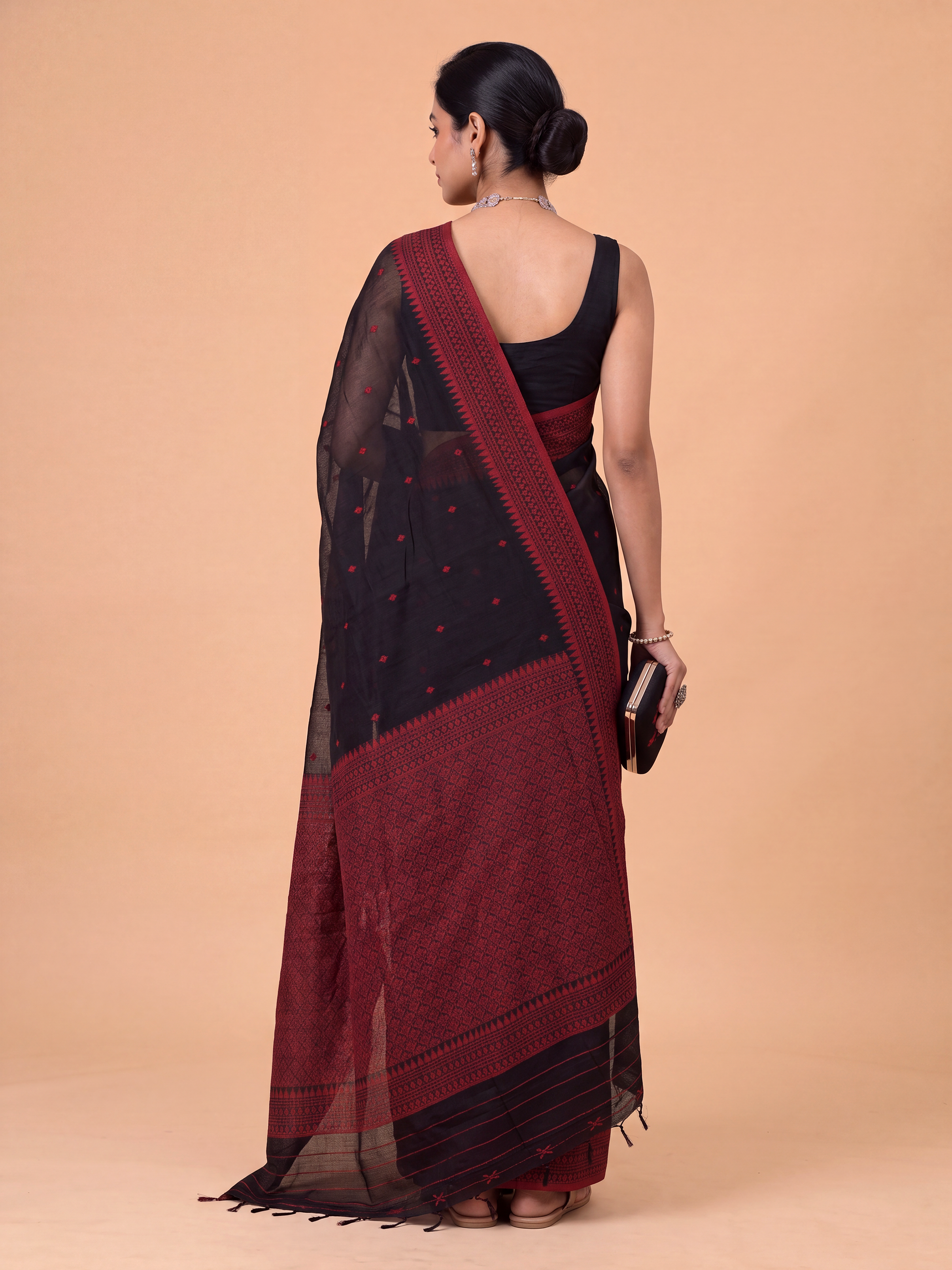 Women Black with Red Kora Cotton Saree SK137