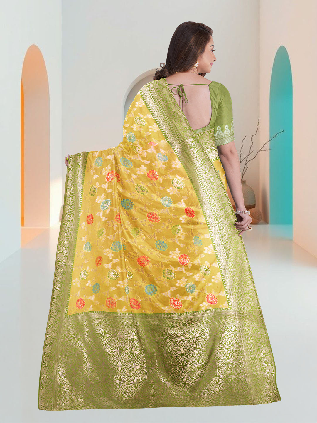 Women Yellow Art Silk Printed Saree ASS85