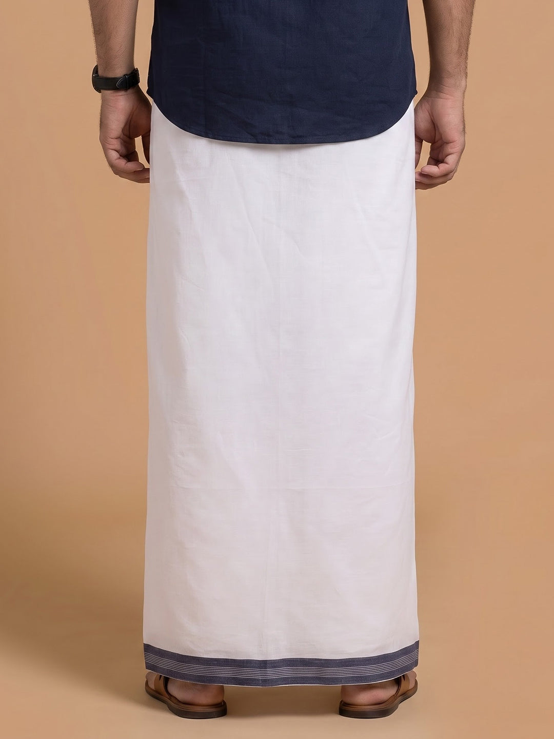 Double Layer 100% Cotton White Dhoti with Fancy Jari Border - EJF24