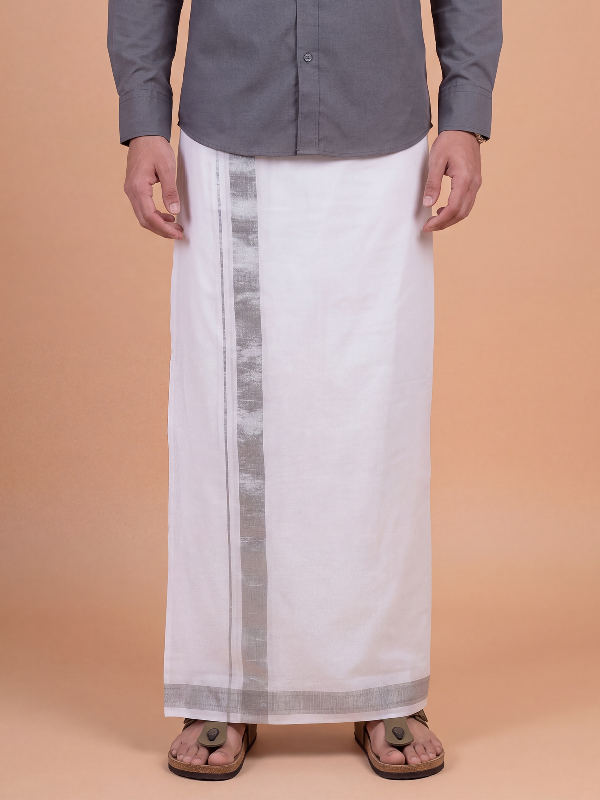 Double Layer Pure Linen White Dhoti with Silver Jari Border - Europian Gift 3.90m