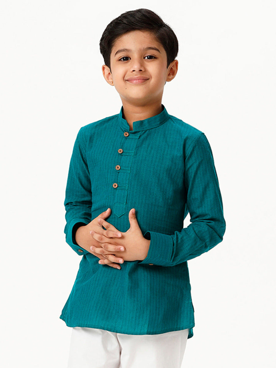 Boys Breeze Cotton Full Sleeves Peacock Green Kurta-Front view one