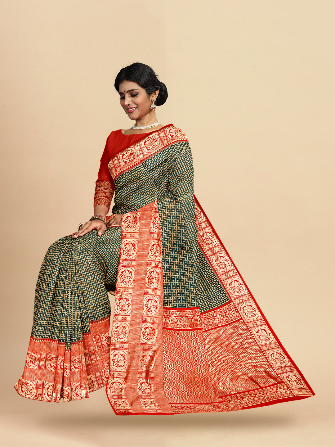 Women Green with Red Colour Stylish Art Silk Fancy Jari Border Saree SS102