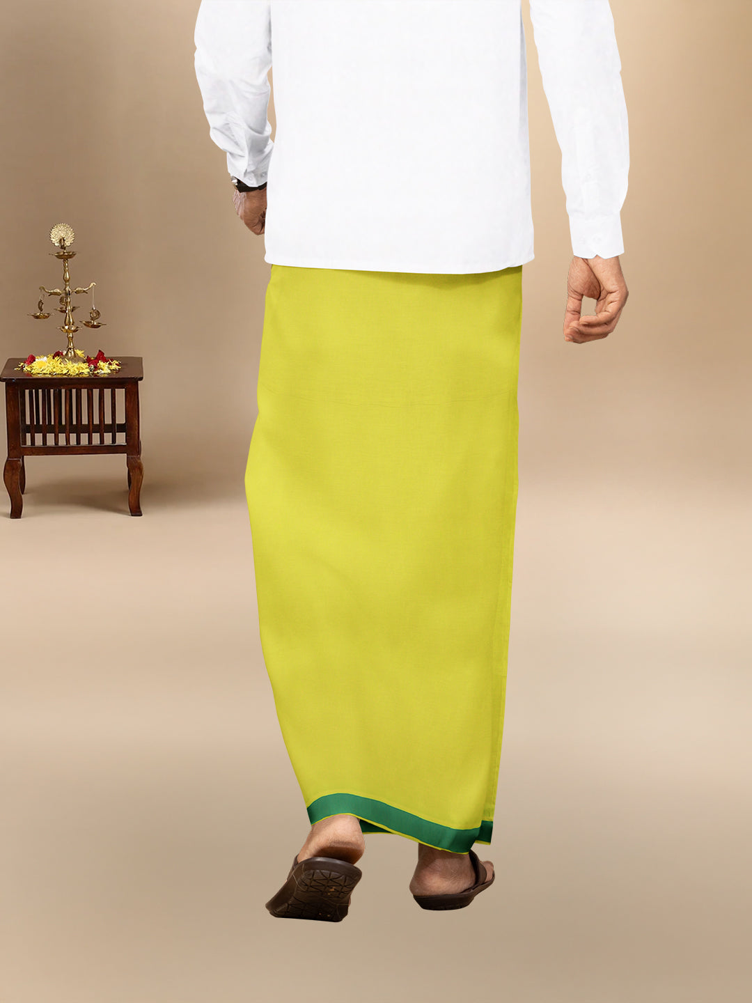 Men 100% Cotton Single Layer Lime Yellow Dhoti with Fancy Border Ahimsa