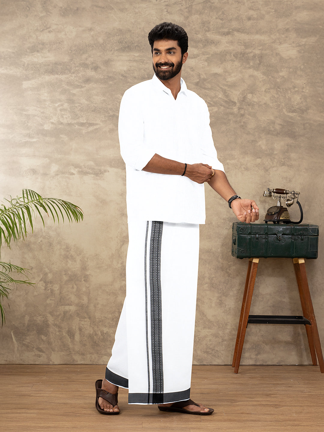 Men Cotton Blend Double Layer White Dhoti with Fancy Border TF11