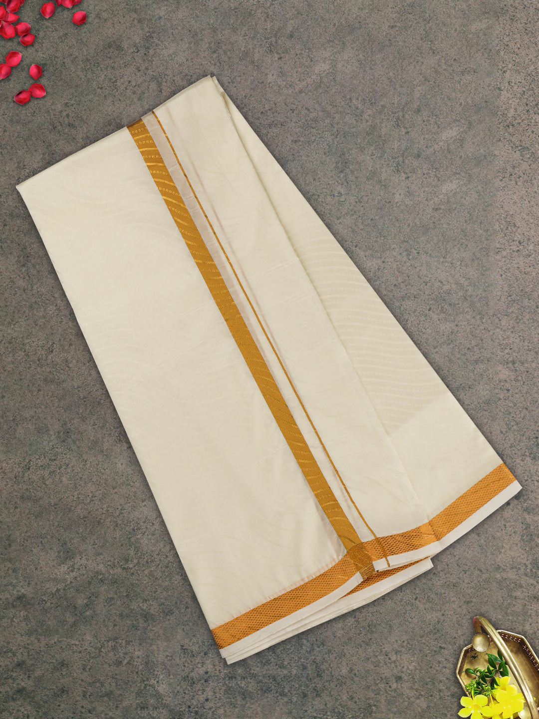 Men Gold Border Double Dhoti & Towel Set Ishwaryam Embose