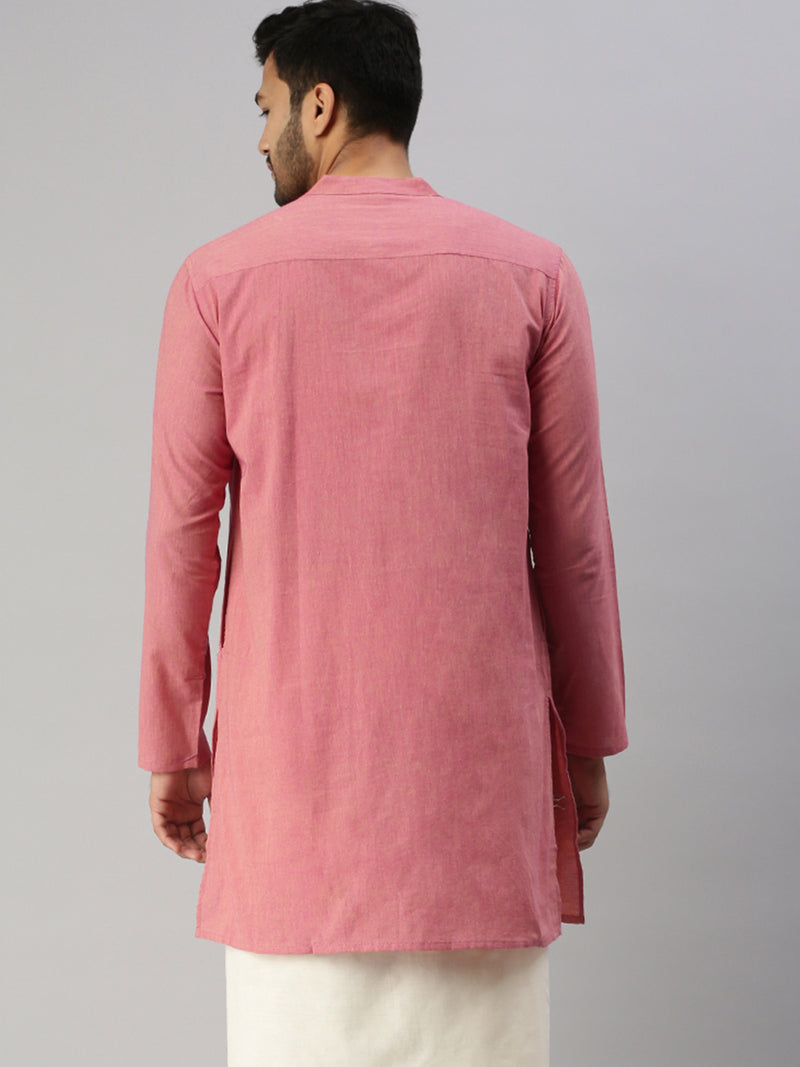 Mens Full Sleeves Pink & Sandal Medium Length Pocket Kurta J8