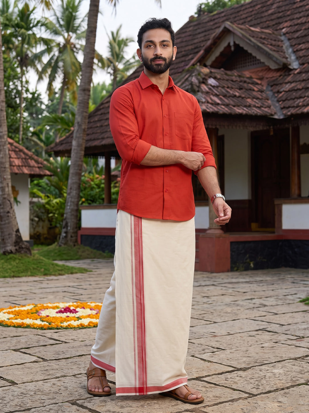 Double Layer 100% Cotton Cream Kora Dhoti with Colour Border - CFD01