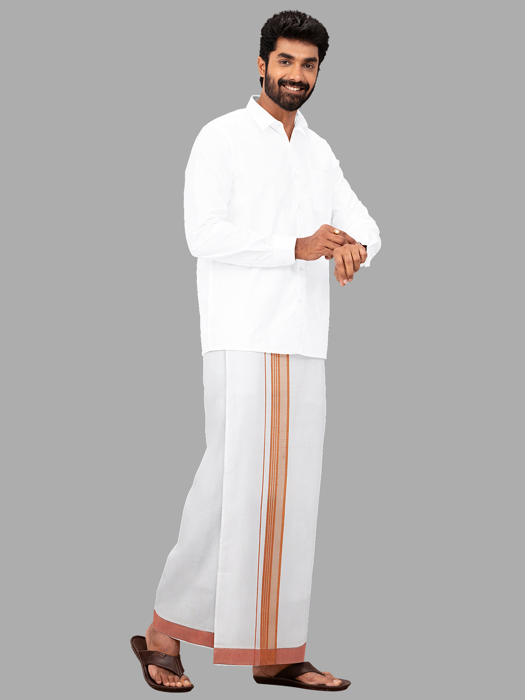 Men White with Copper Fancy Jari Border Single Layer Dhoti Gen Trend