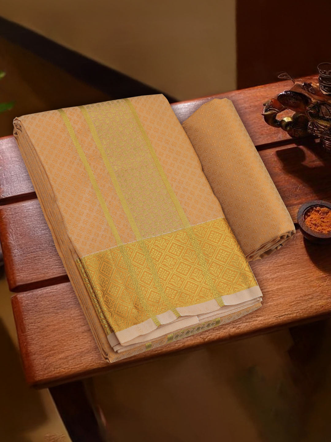 Men Art Silk Dhoti & Shirting Set Orange Mangalakara 140k (2 in 1) M30