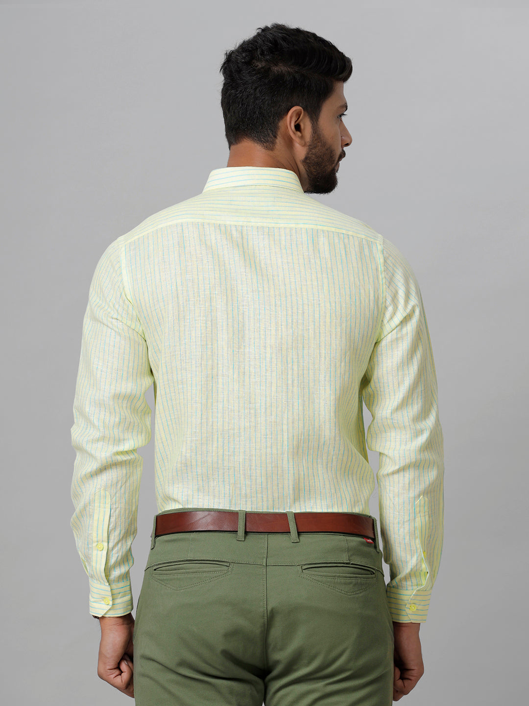 Mens Pure Linen Striped Full Sleeves Yellow Shirt LS27-Back view