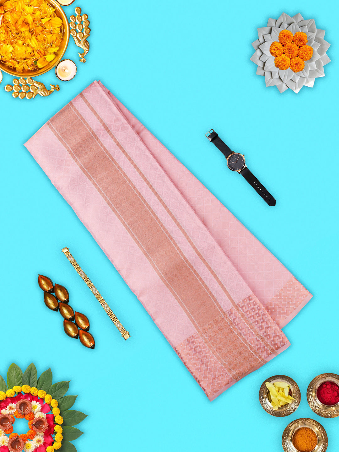 Mens Premium Pure Silk Pink Dhoti with Angavastram "Thirukalyan"
