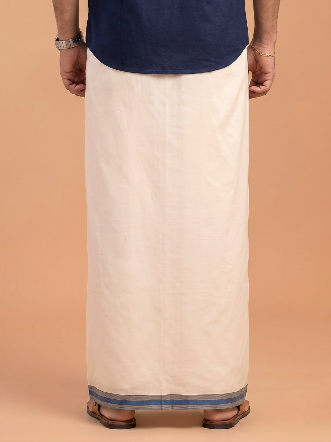 Double Layer Supima Cotton Cream Kora Dhoti with Colour Border - LC36