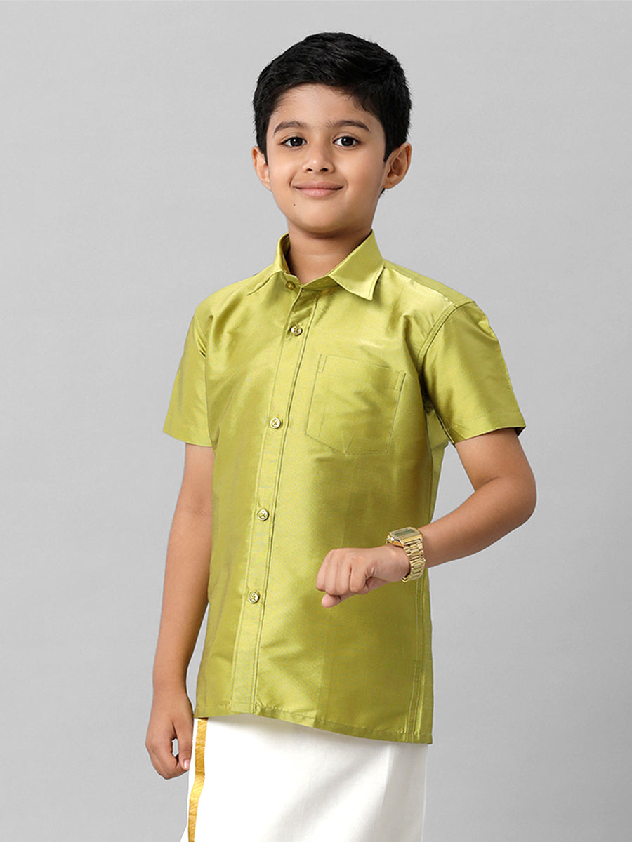 Boys Silk Cotton Lemon Green Half Sleeves Shirt K44-Front view