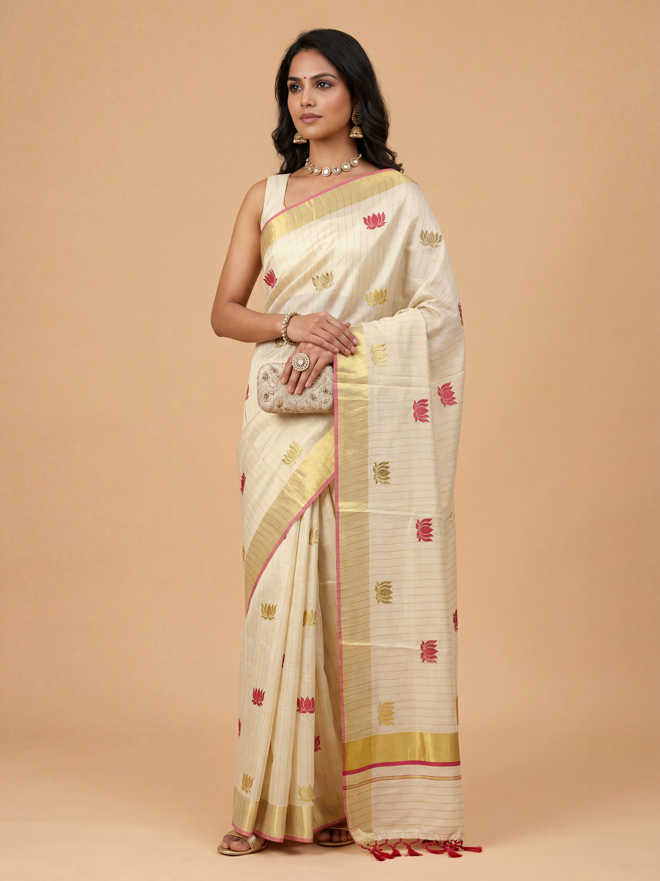 Women Tissue Cream Embroidered Kerala Saree KLS22