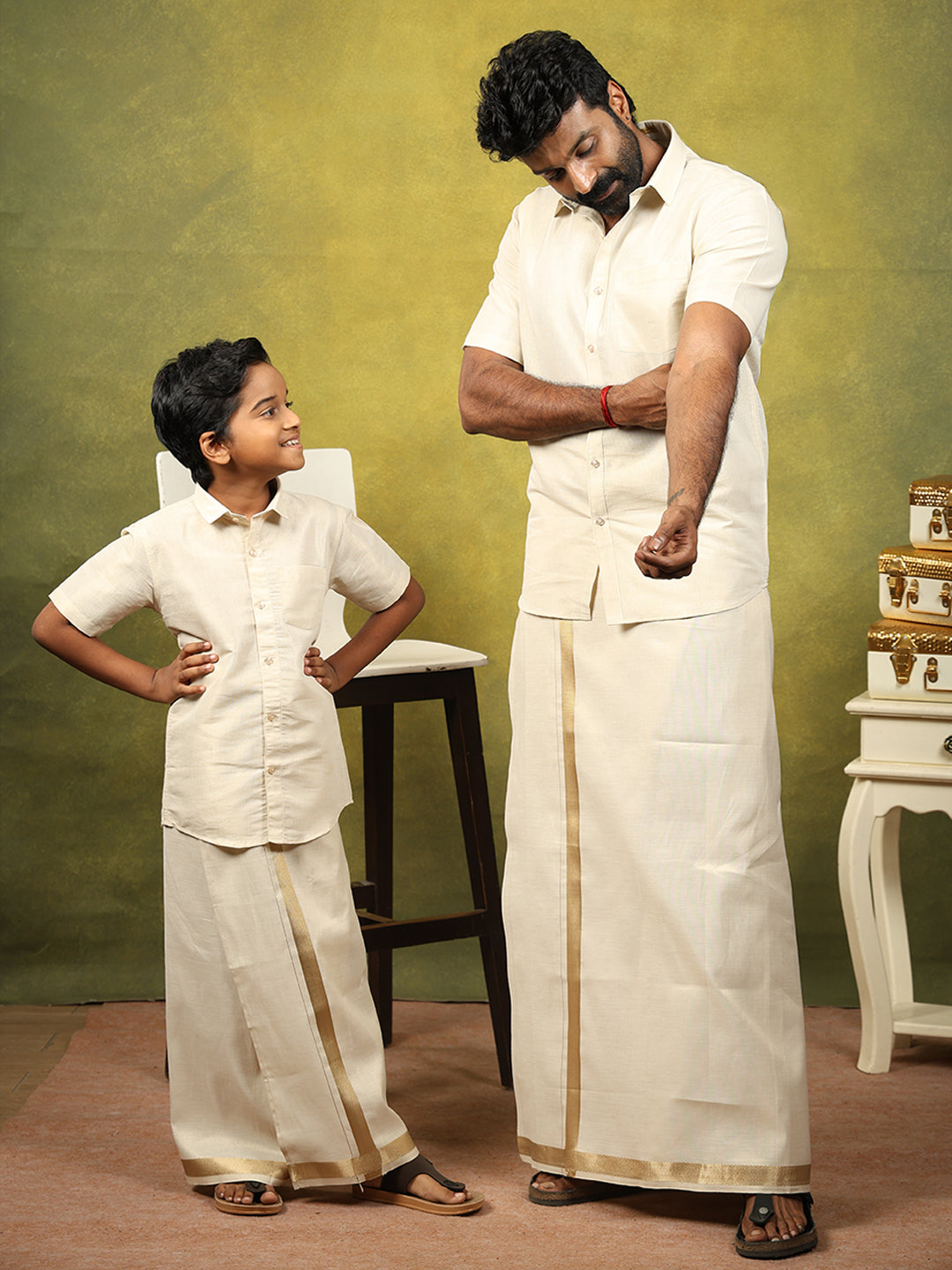 Like Father Like Son Tissue Shirt & Dhoti Combo Antique Gold