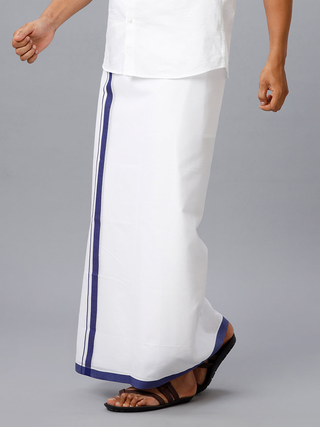 Mens Cotton White Double Dhoti with Navy Border Anchor Fancy-Side view