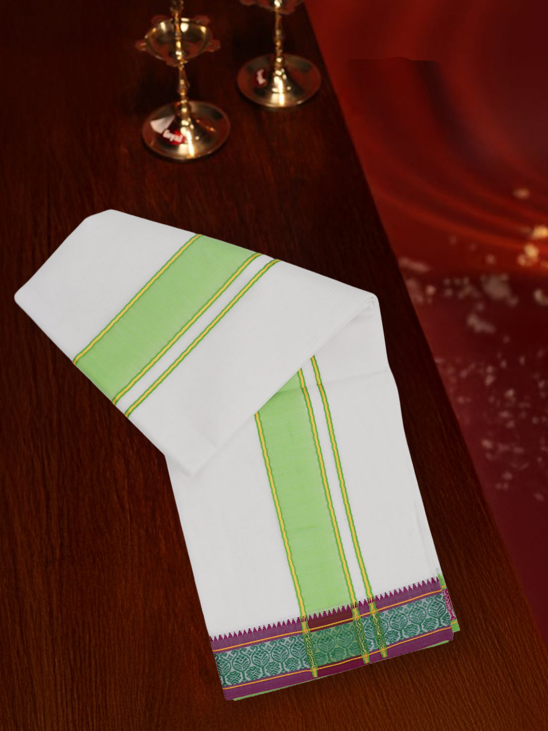 Men Cotton Light Green Fancy Border Panchakacham with Angavasthram Keerthisena (9+5) KS08