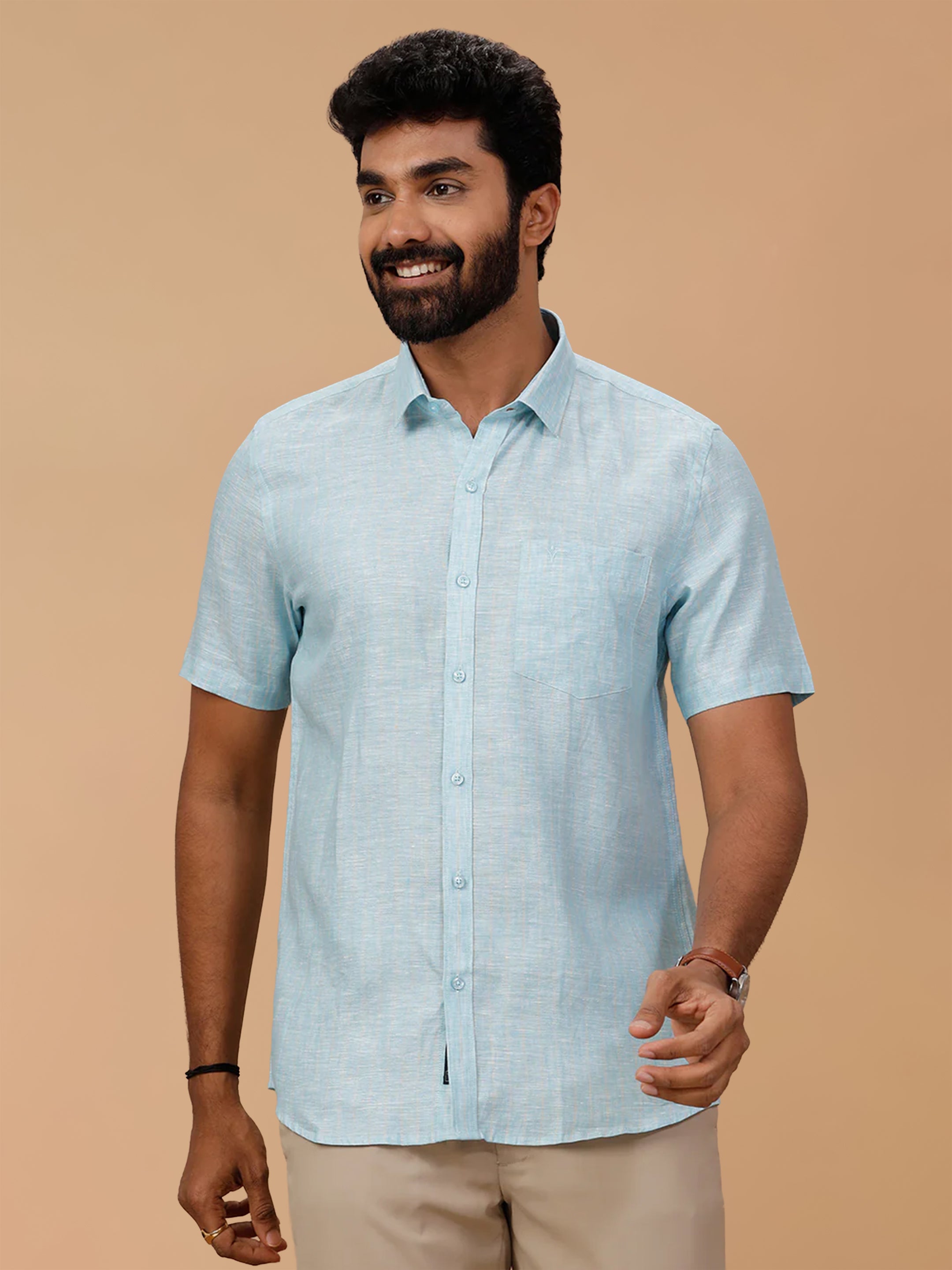 Pure Linen Pale Sky Blue Striped Smart Fit Shirt LS90