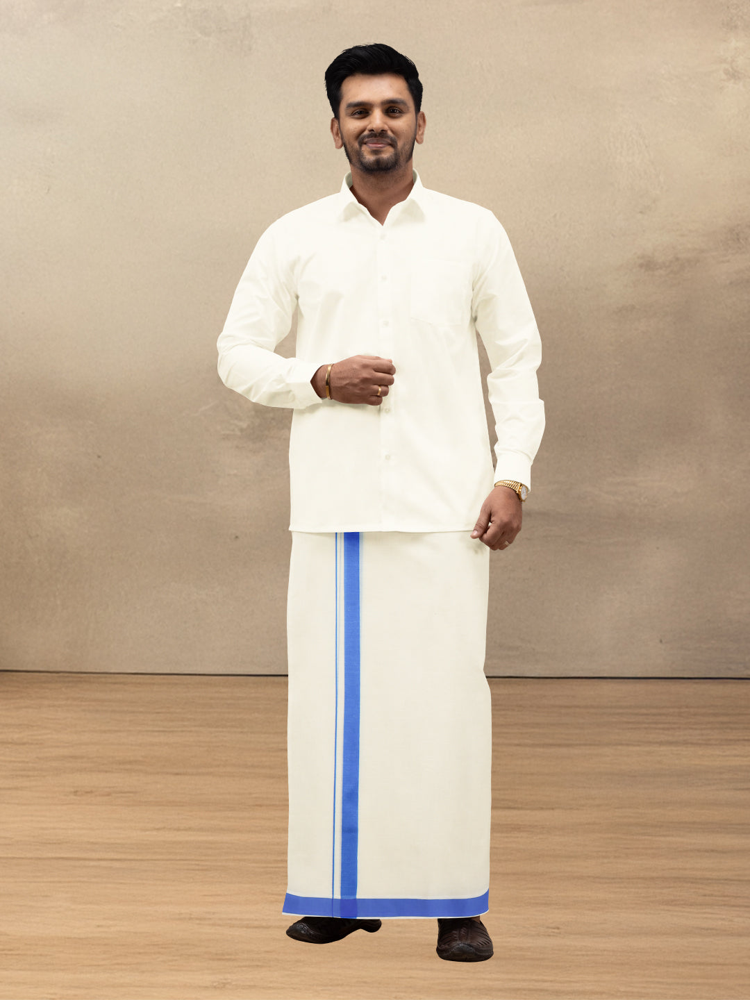 Men Kora Cotton Double Layer Dhoti with Blue Fancy Border VKF07