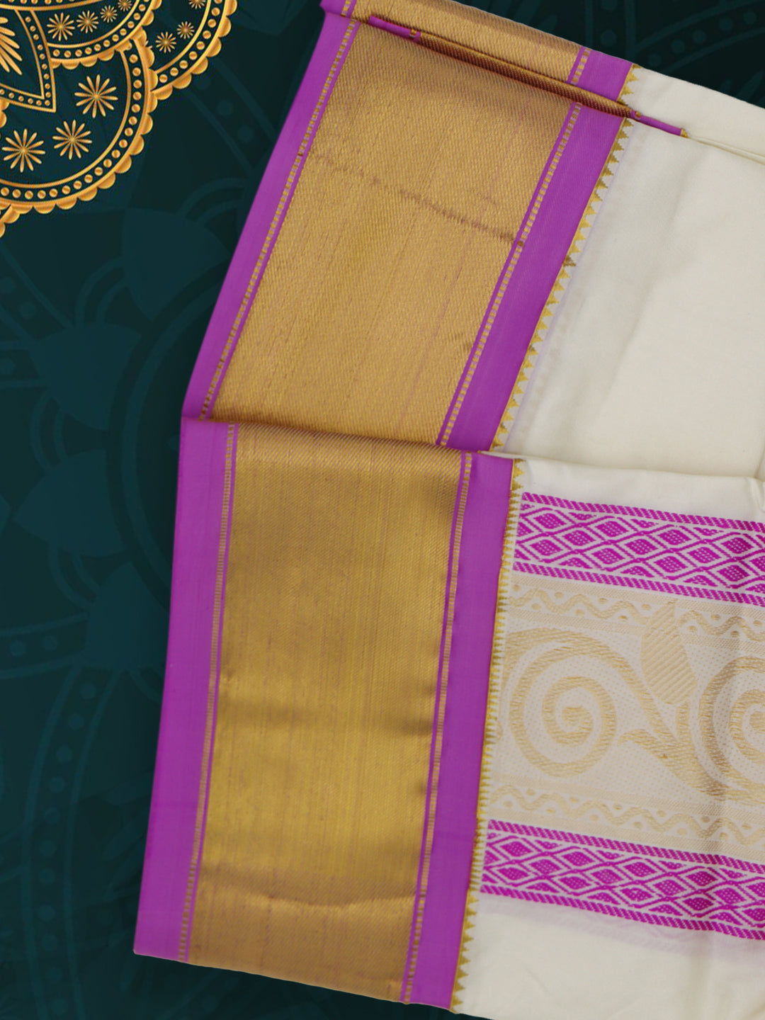 Men Pure Silk Cream Dhoti & Towel Set with 3" inch Fancy Jari Border TK25