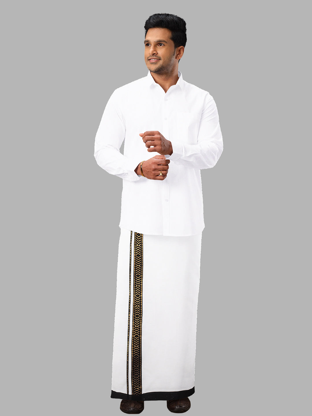 Men Black Fancy Border Single Layer White Dhoti Grand Royal