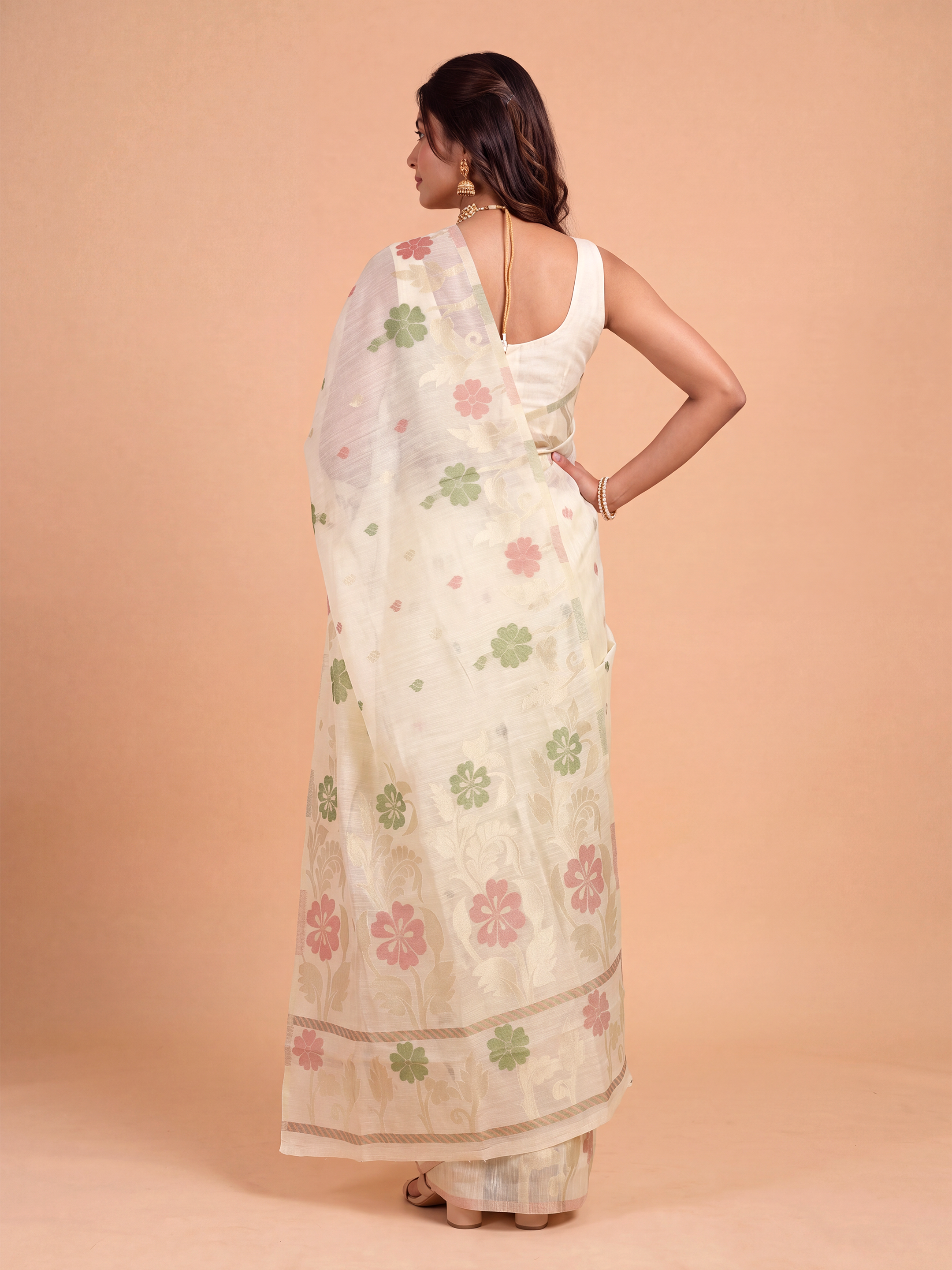 Women Cream Spun Poly Printed Saree SP08