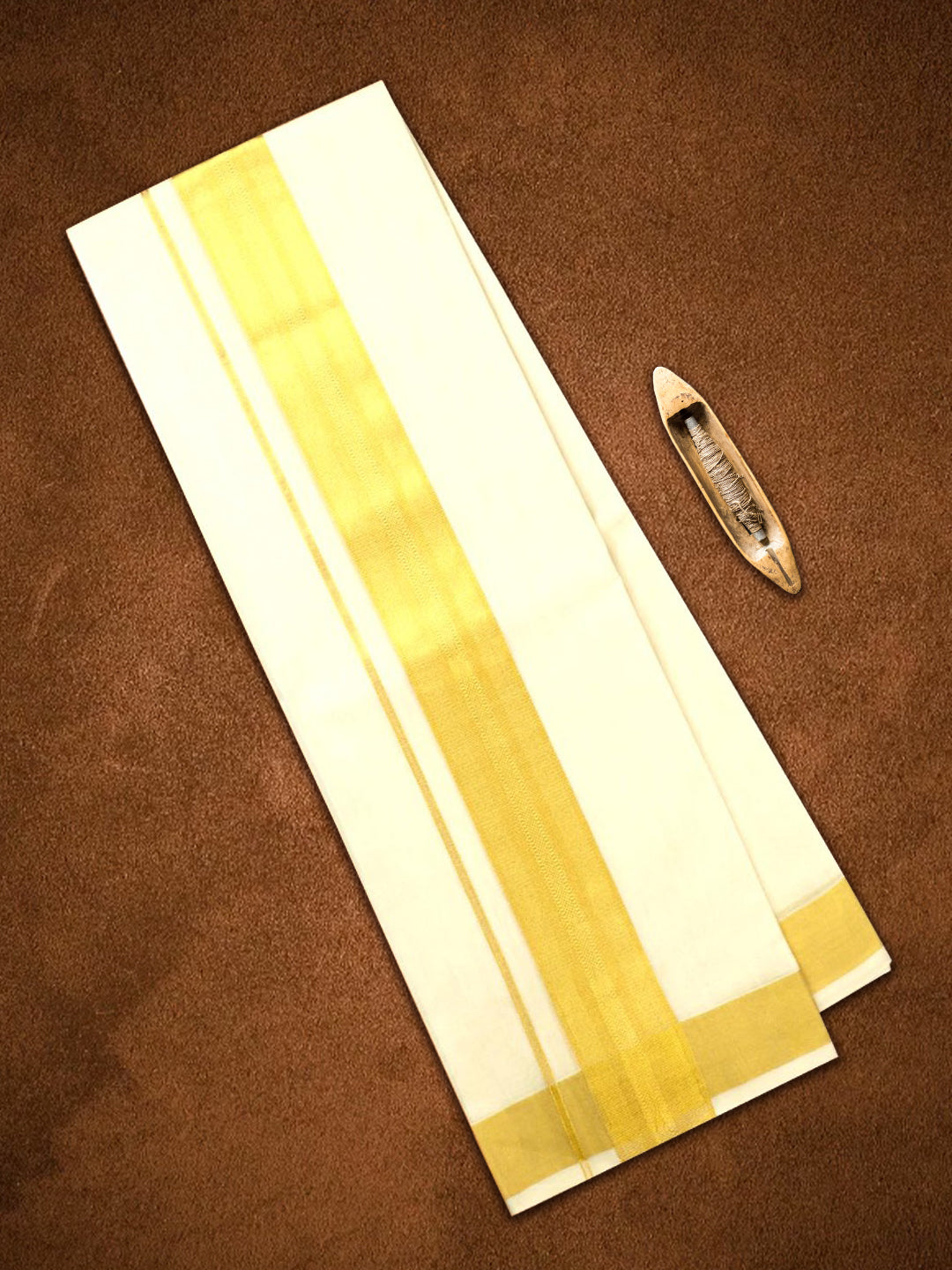 Mens Premium Handloom Cream Dhoti with Gold Fancy Jari Border 115271