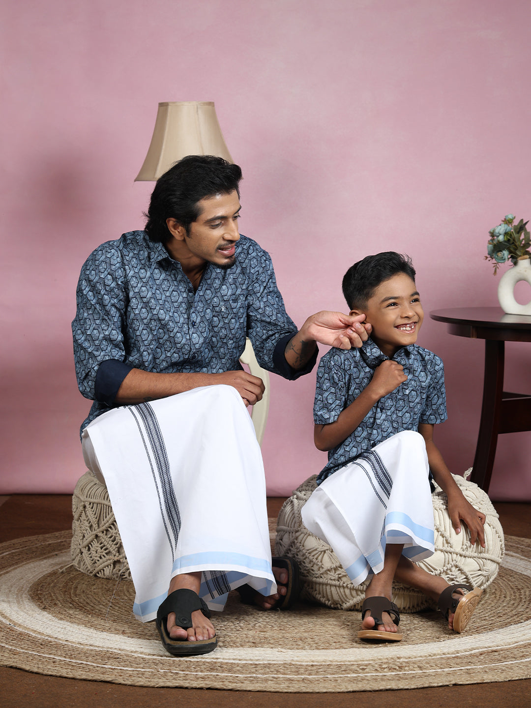 Like Father Like Son Matching Border Dhoti with Printed Shirt Combo Set Navy Blue PS25