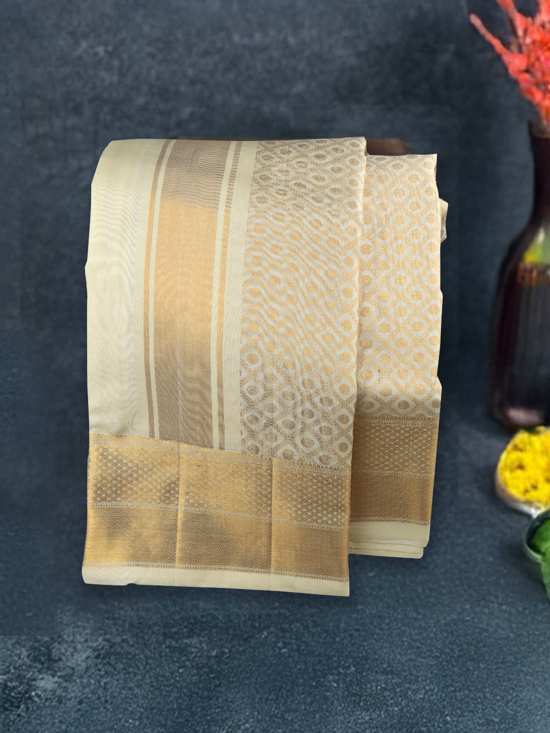 Men Premium Pure Silk Cream Dhoti & Towel Set with 6" inch Gold Jari Border Amirtham AM11