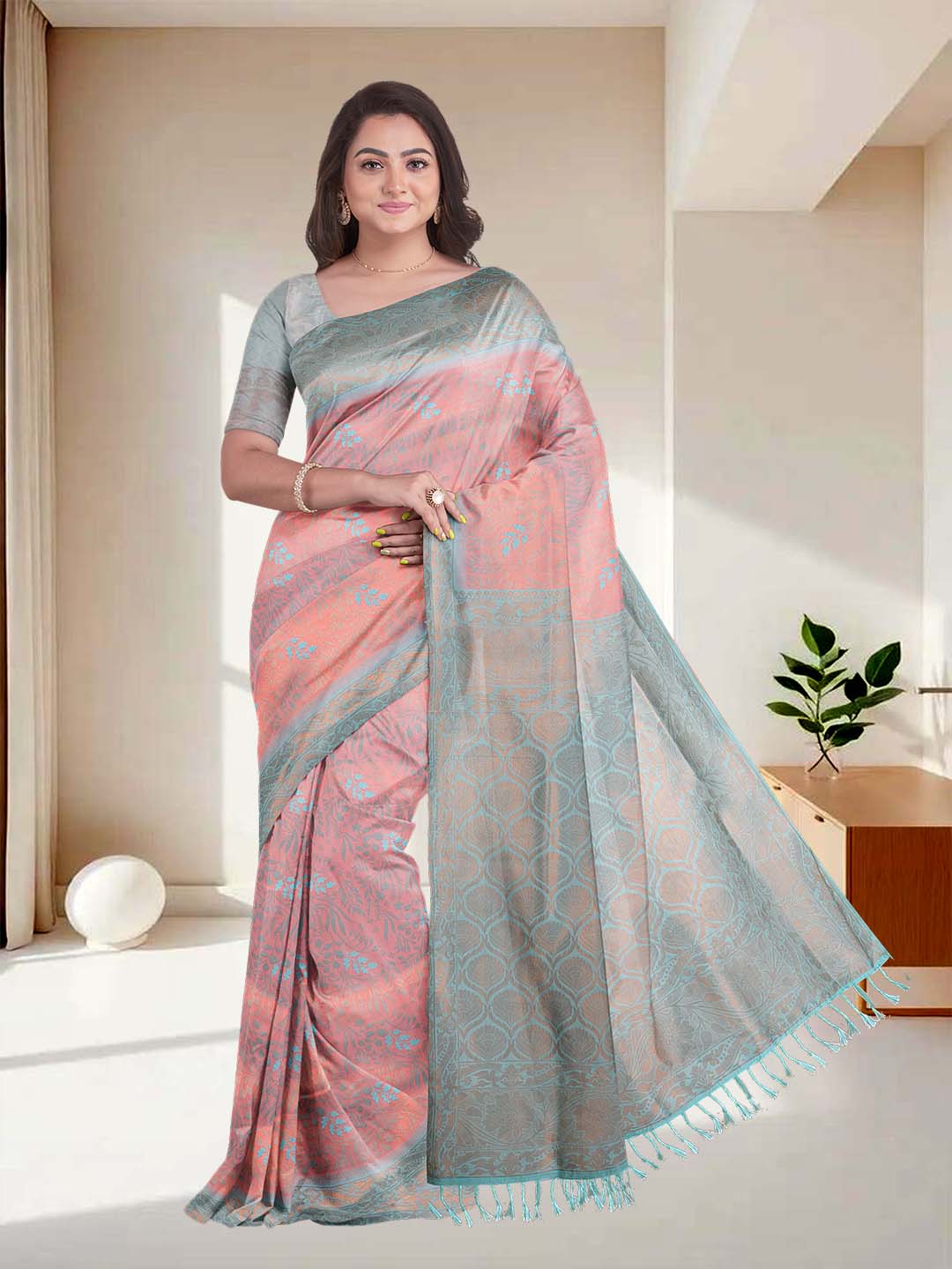 Women Peach with Green Art Silk Printed Saree ASS55