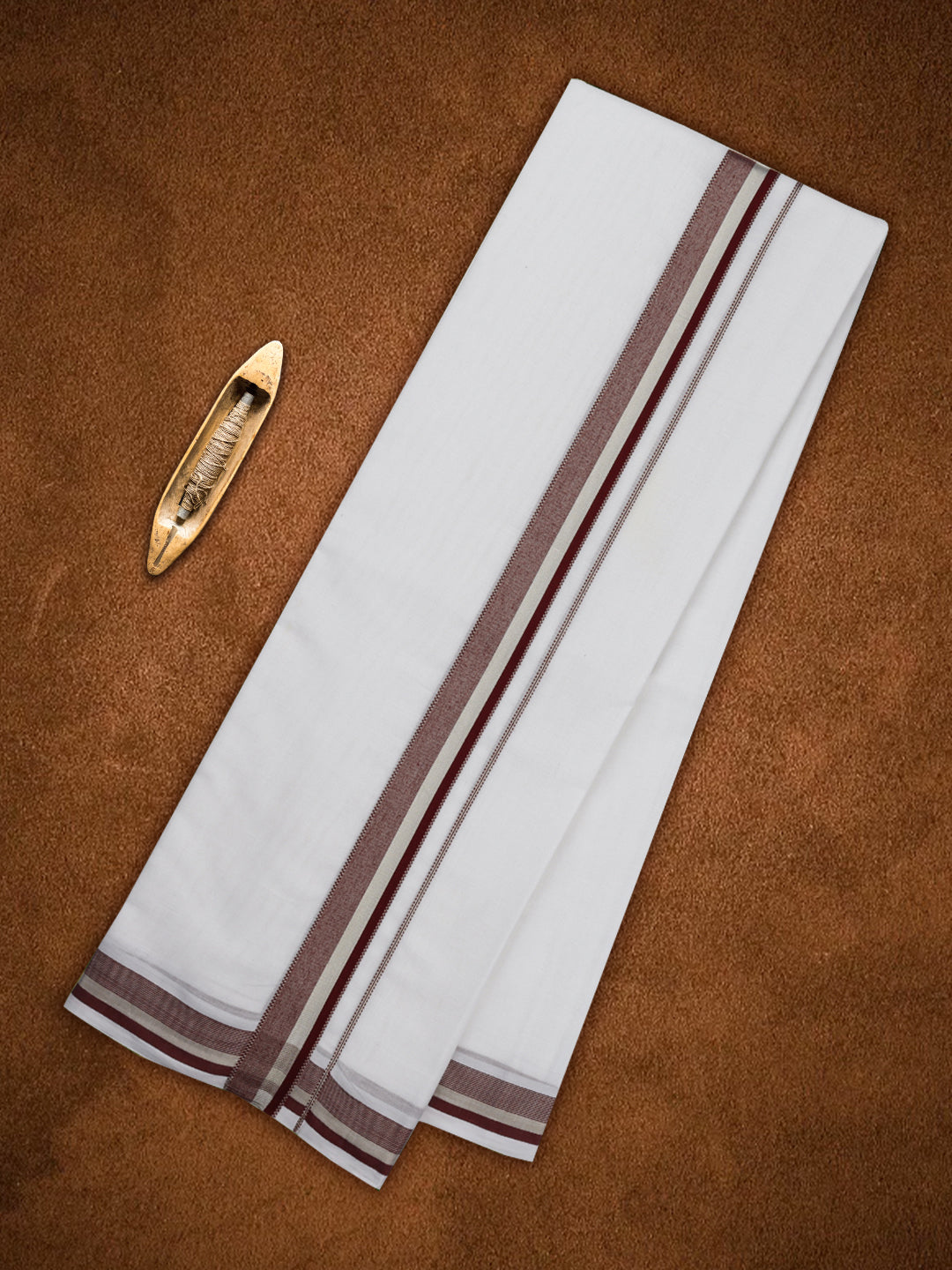 Mens Premium Handloom White Double Dhoti with Maroon Fancy Border HLM4206