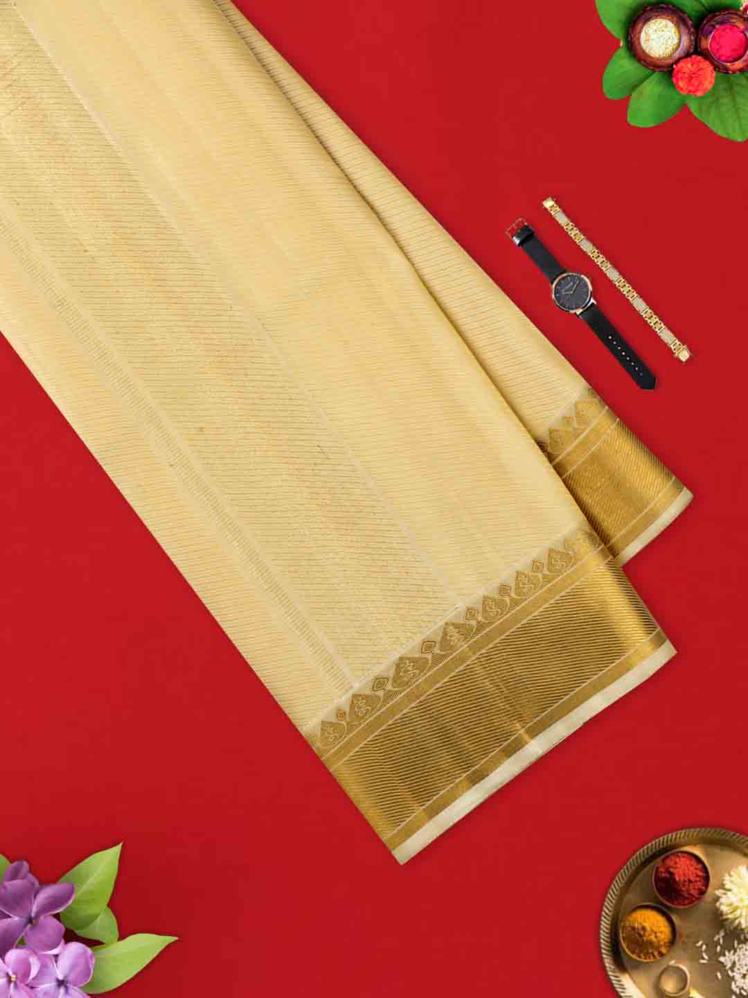 Mens Pure Silk Fawn 4" Gold Jari Border Dhoti with Towel Amirtham-View two