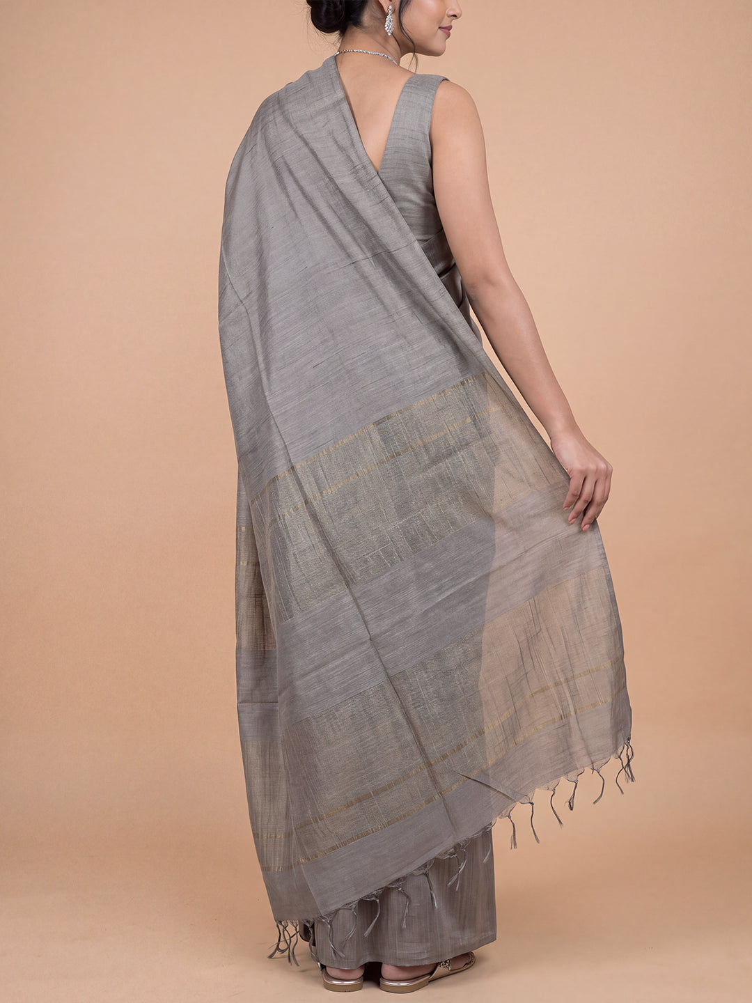Women Semi Tussar Dark Grey Striped Saree ST361