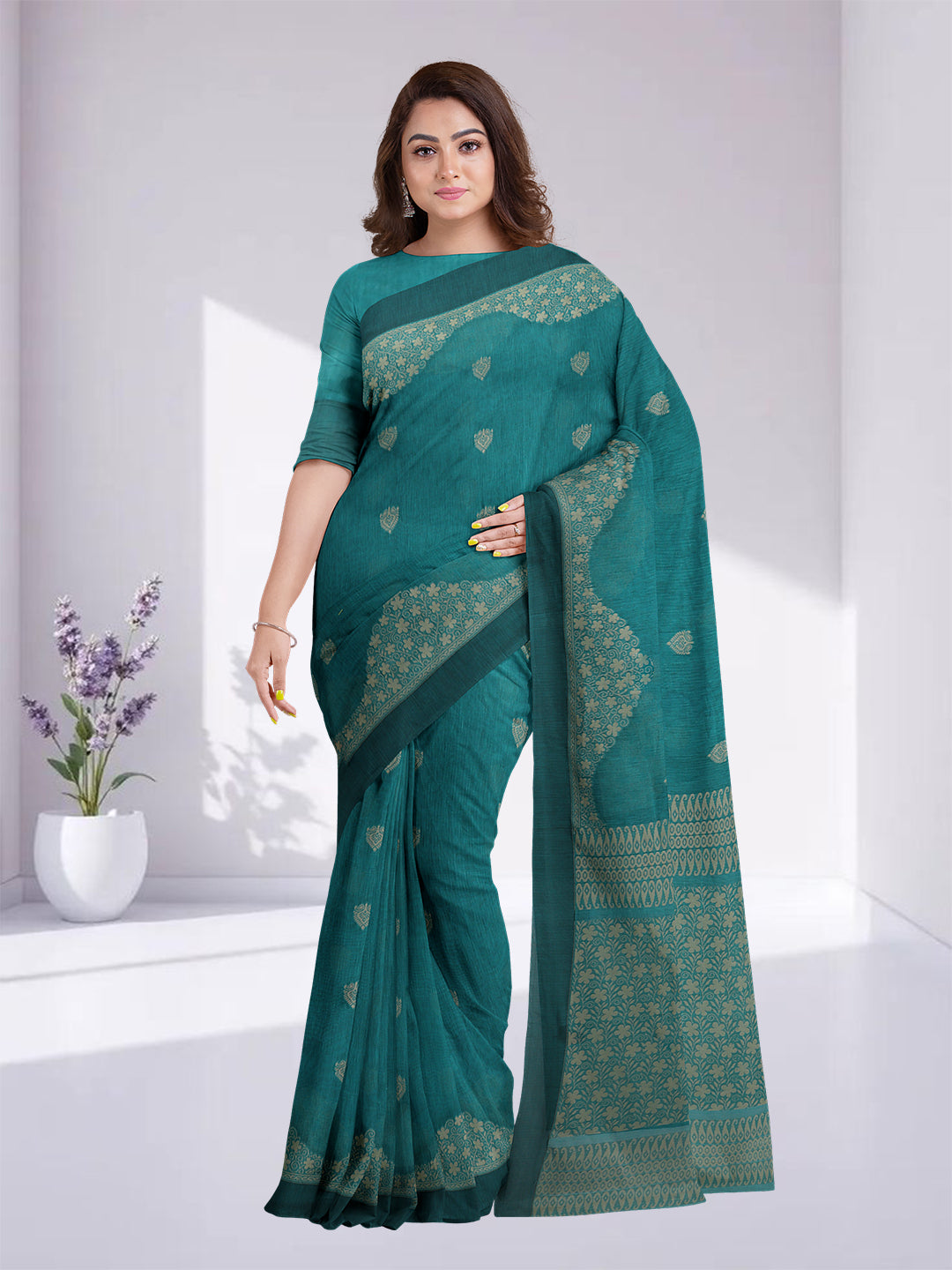Women Cyan Blue Kora Cotton Saree PCS174