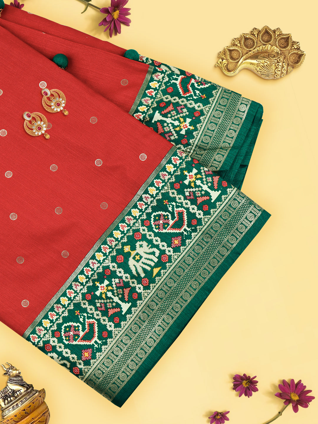 Women Art Silk Printed Red with Green Border Saree AS10