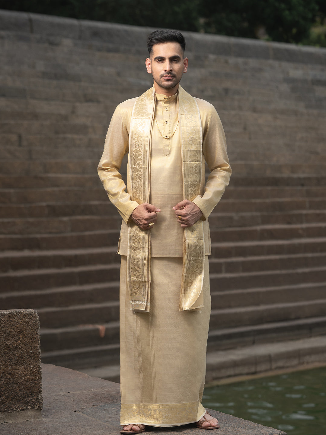 Pure Silk Vairaoosi Check Design Dhoti Shirting & Towel Set with 4" Jari Border – Rajadharbar
