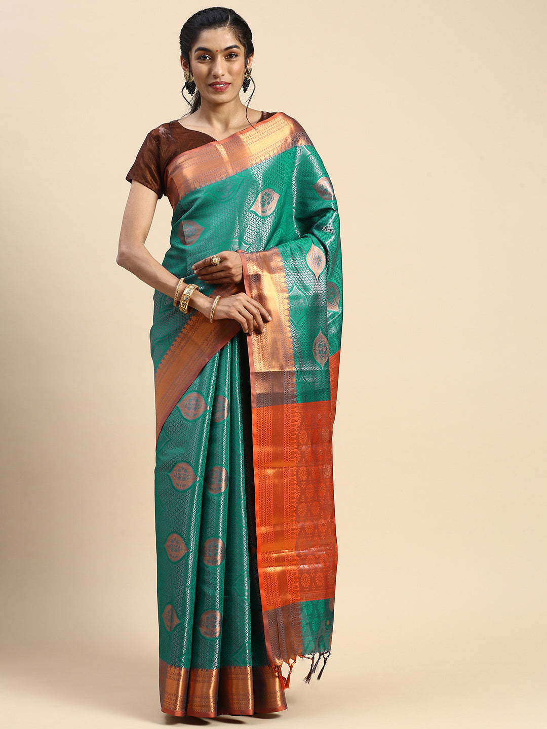 Womens Semi Silk Checked All Over Design Green & Copper Jari Border Saree AS04