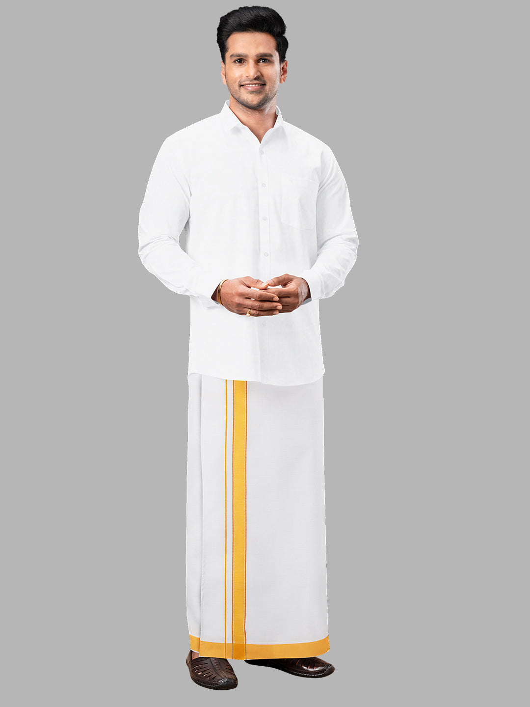 Men Yellow Adjustable Pocket Dhoti with Fancy Border GACJ15