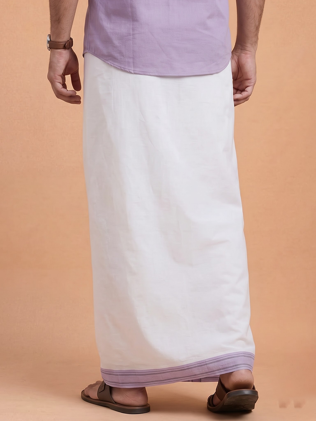 Double Layer 100% Cotton White Dhoti With Colour Jari Border - EJF32