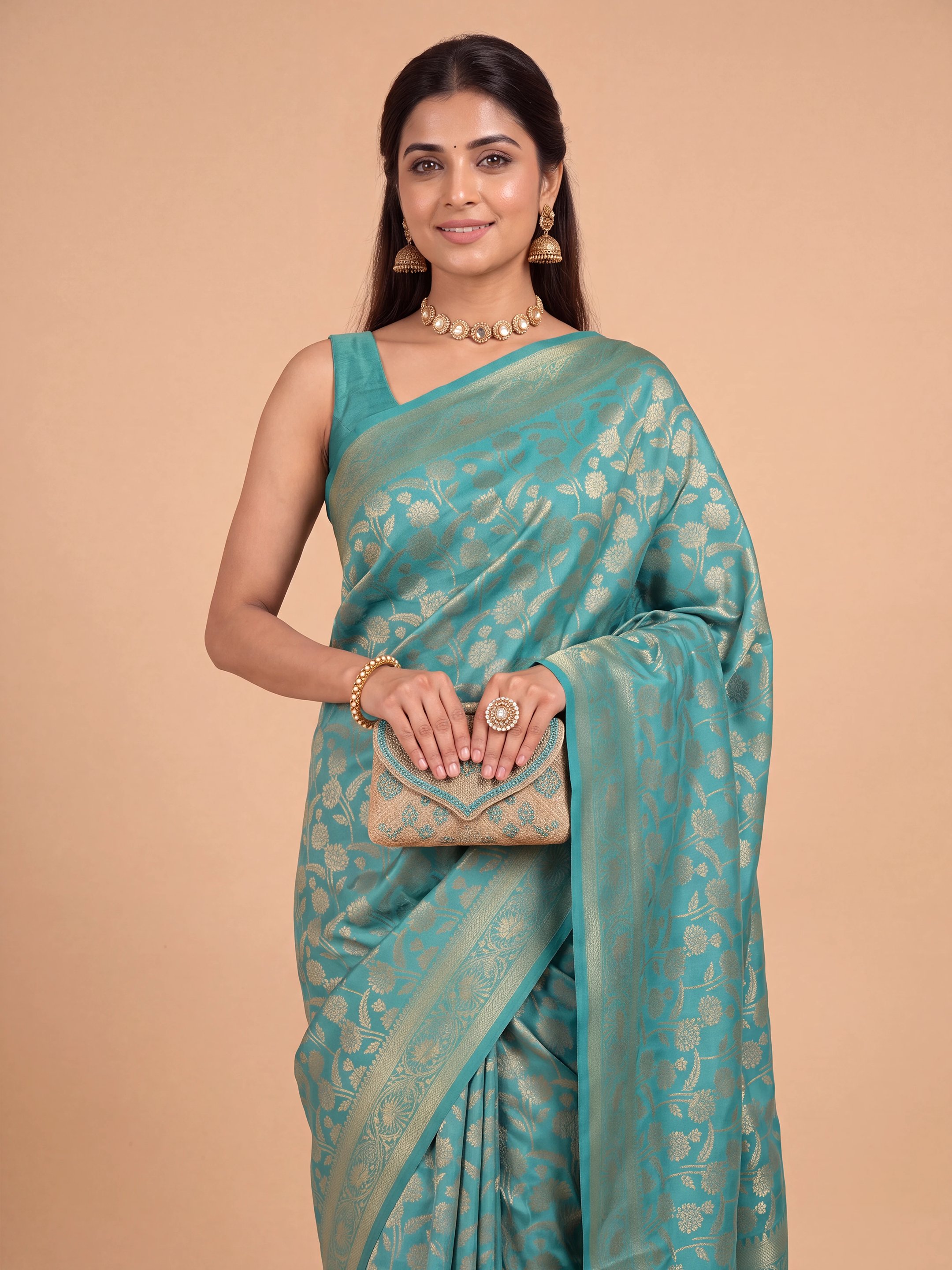 Women Semi Tussar Aqua Green Saree ST355