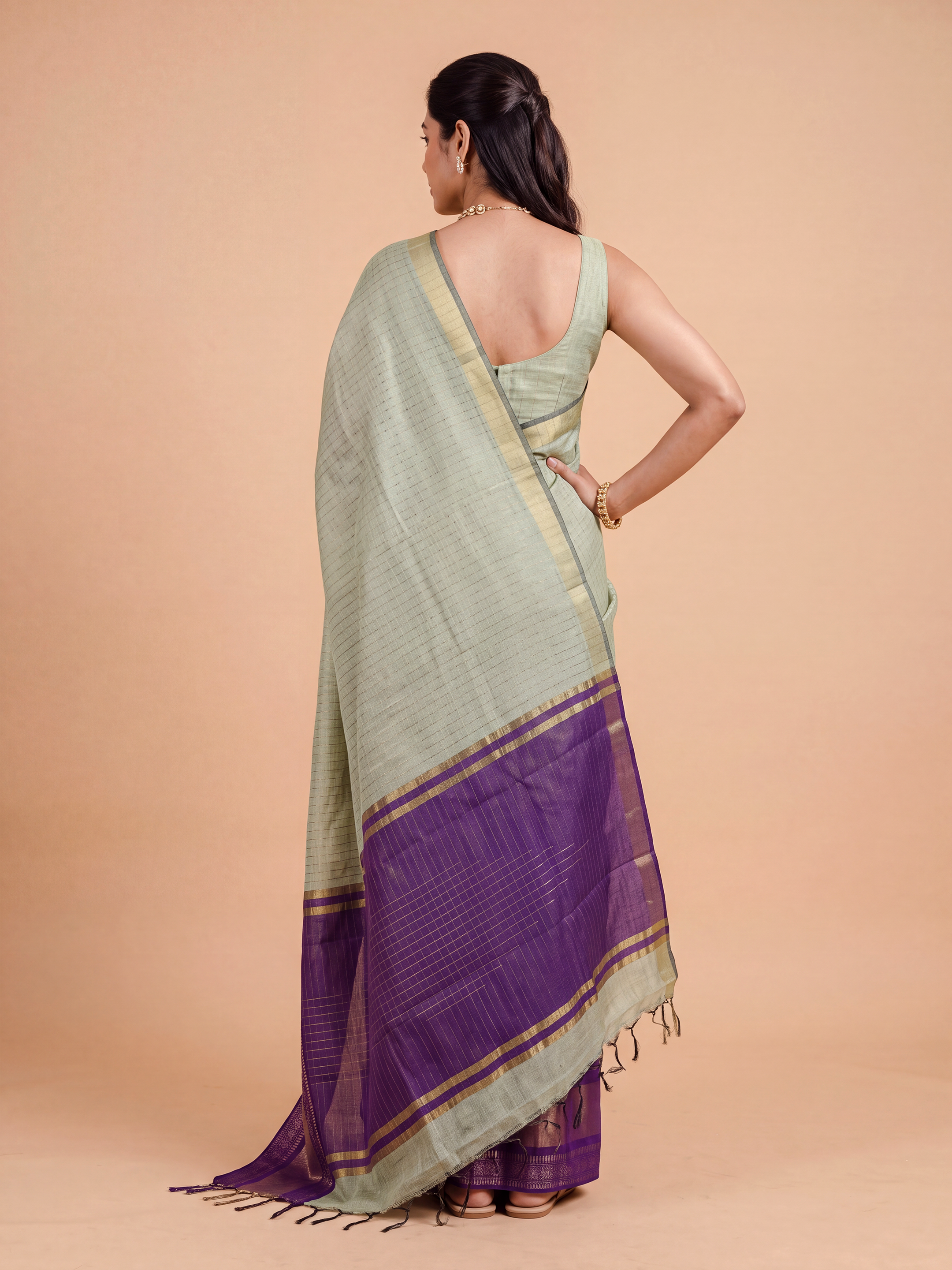 Women Semi Linen Green Checked Fancy Saree SL261