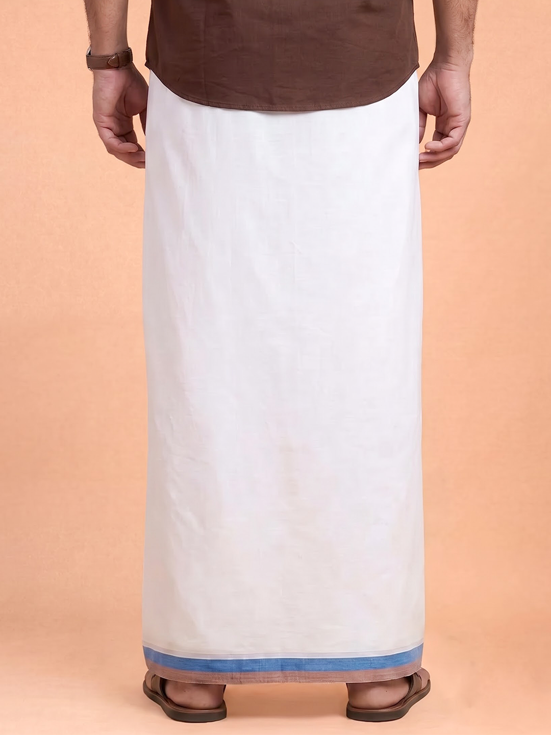 Double Layer 100% Cotton White Dhoti With Colour Jari Border - EJF30