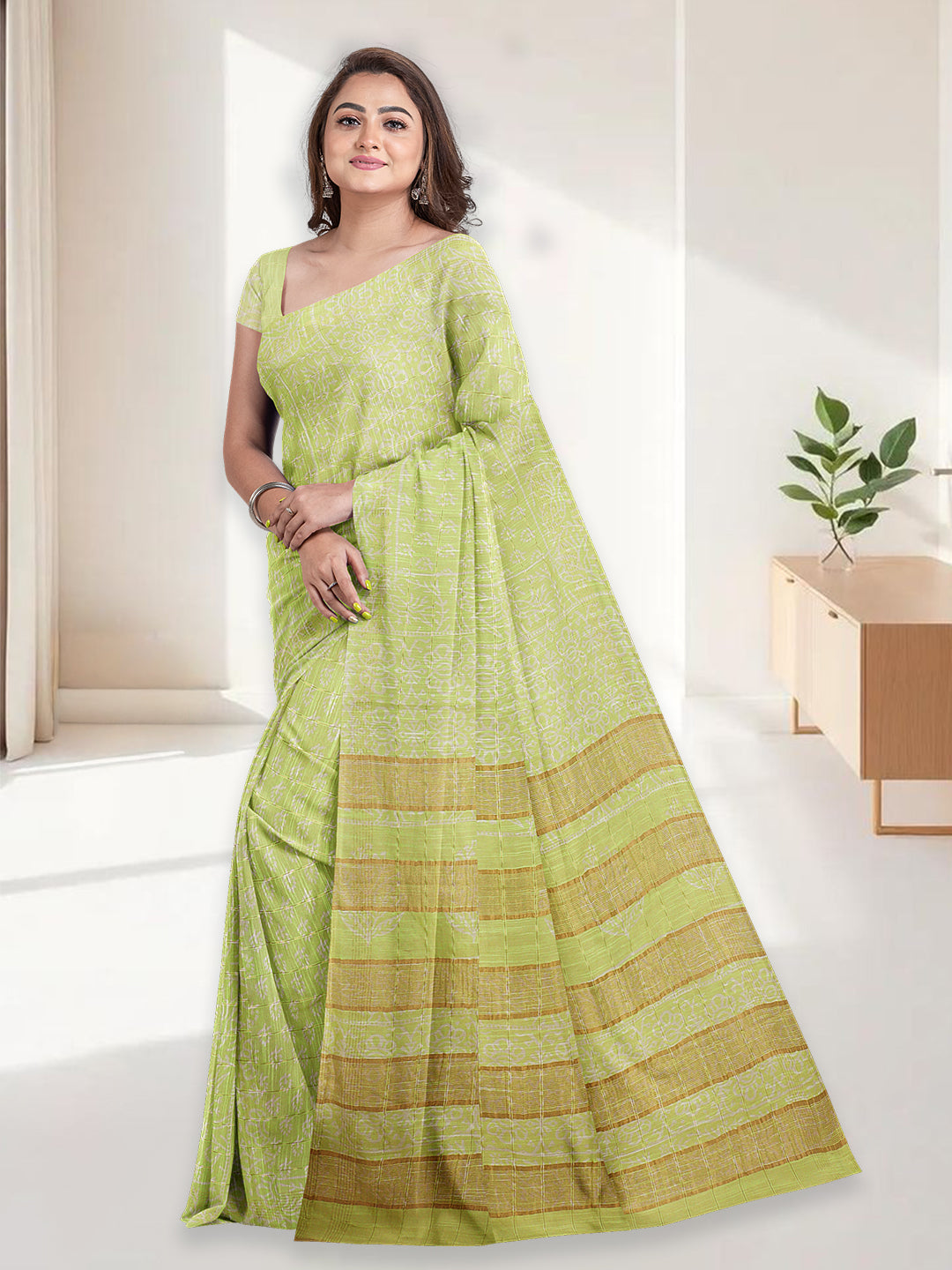 Women Light Yellow Semi Linen Saree SL231