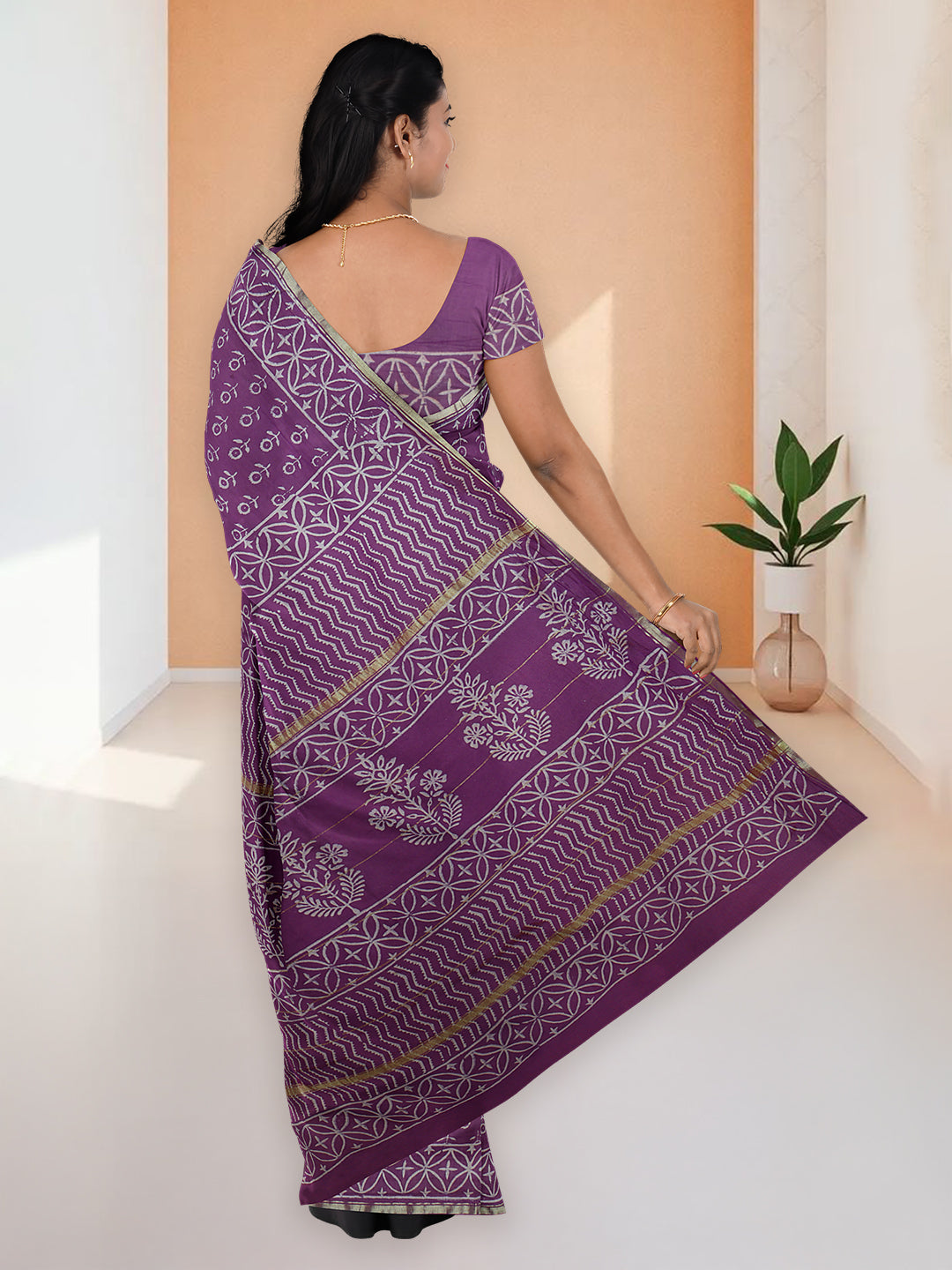 Women Violet Semi Chanderi Cotton Printed Saree SC72