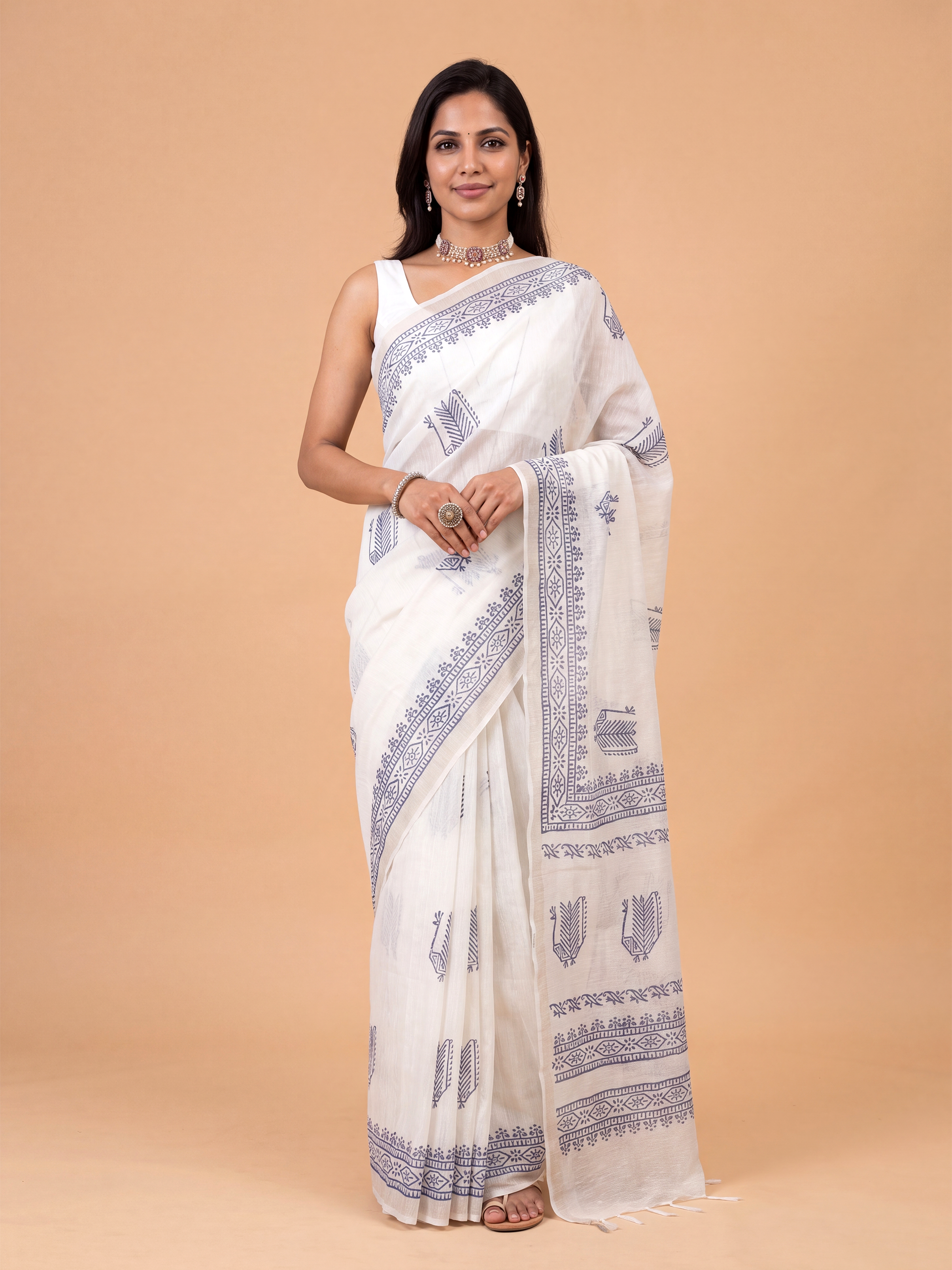 Women White Semi Chanderi Cotton Printed Saree SC82