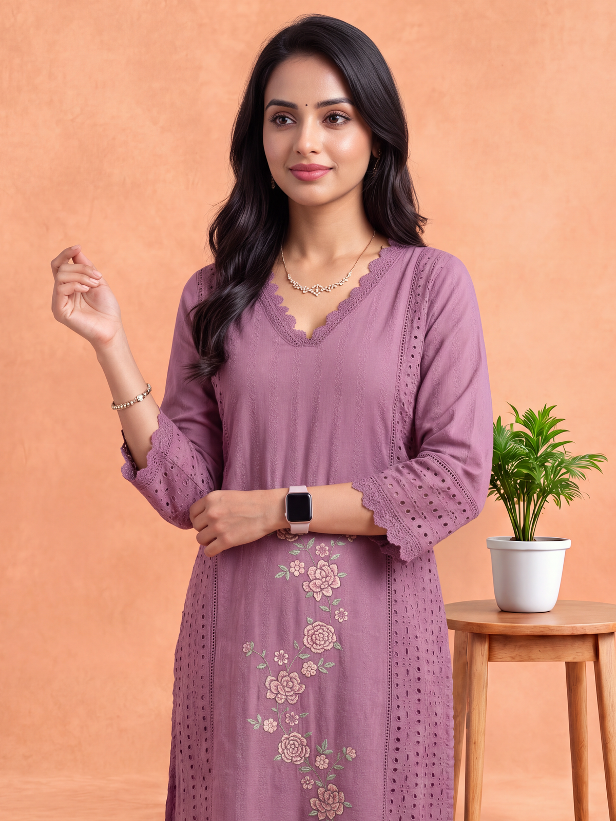 Women Embroidered Purple Kurti Set EKS153