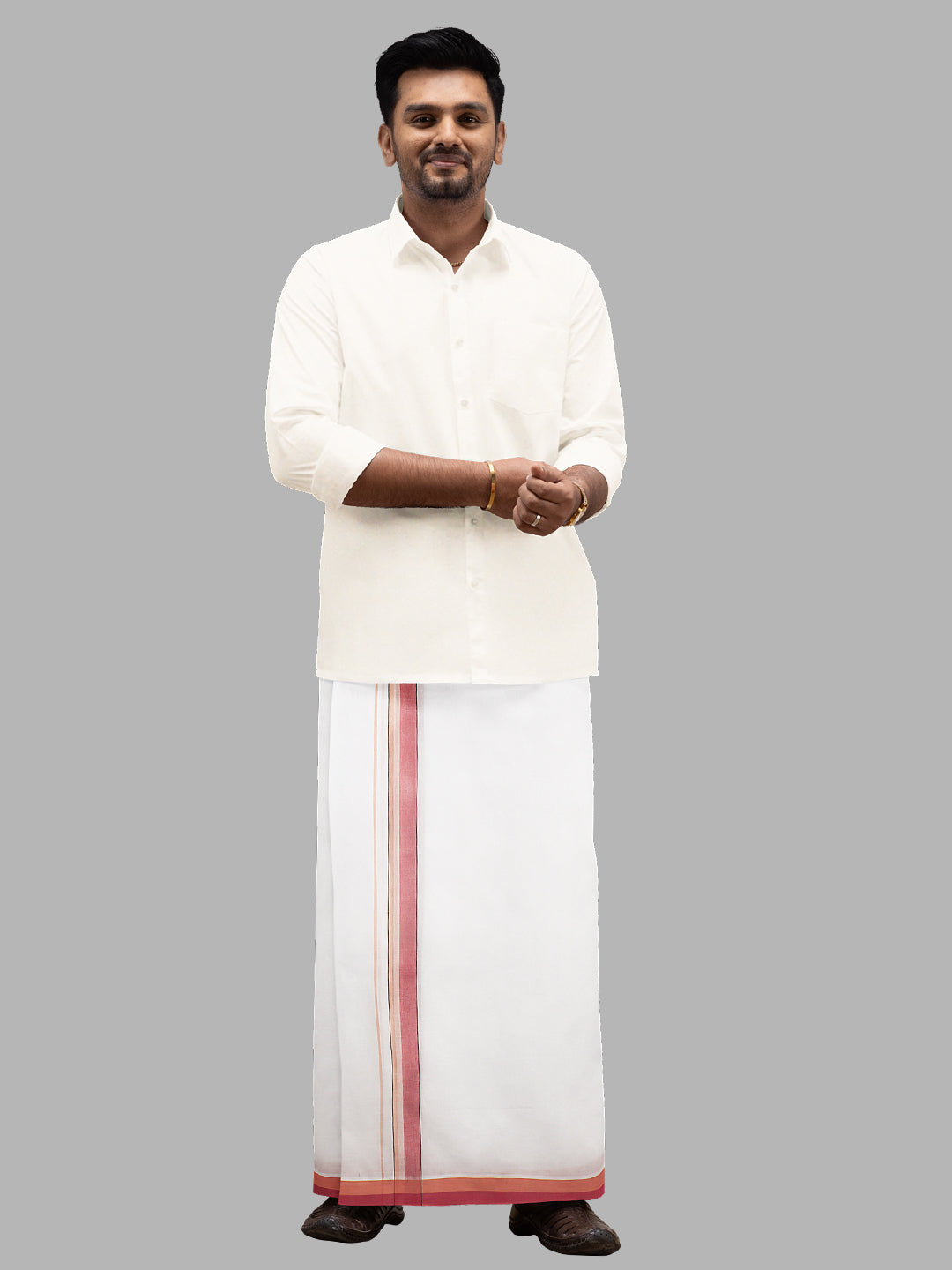 Men Red Fancy Border Double Layer White Dhoti PMF6